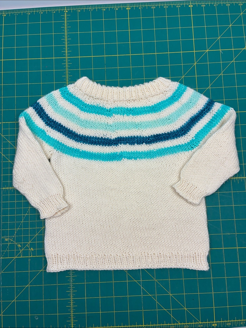 Hand Knit child sweater with Blue Stripe Yoke - 100% washable wool - size 2 yr